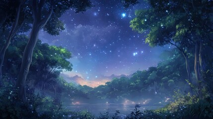 Naklejka premium starry night sky over a dense forest, where the faint rustle of leaves can be heard in the breeze while the stars above shine brightly, creating a sense of peace and wonder.