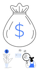 Large money bag with dollar sign, plant with coin, credit card, magnifying glass with dollar symbol. Ideal for finance, investment, savings, economic growth, financial analysis budgeting