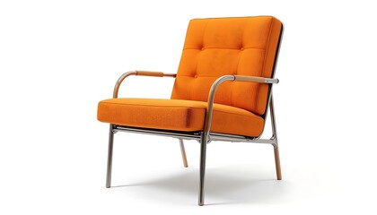 Fototapeta premium Modern Orange Armchair with Metal Frame and Wooden Legs Isolated on White Background