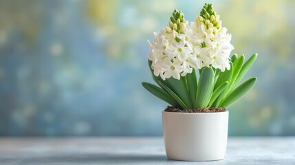 A delicate hyacinth in a small white pot, its pastel petals arranged to reflect the beauty of early spring blooms.