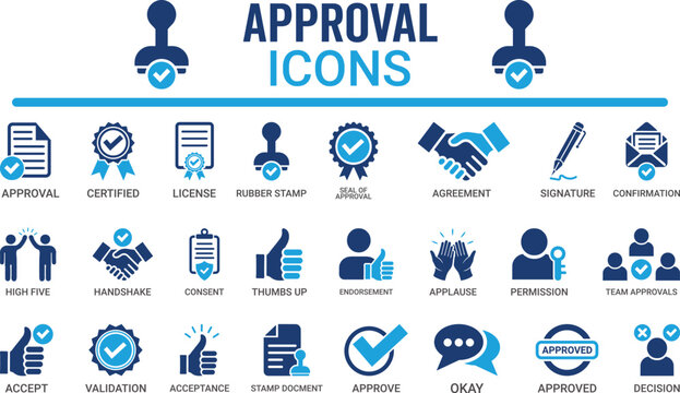 Approval icon set. Containing accept, certified, thumps up, agreement, approve, validation, seal approved, confirmation and decision icons. Solid icon set. Vector illustration.