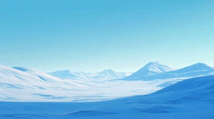 Obraz premium vast Arctic tundra landscape with rolling hills covered in snow, a clear blue sky overhead, and a distant mountain range in the background.