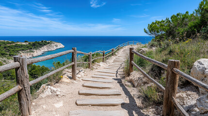 Obraz premium scenic hiking trail with views of sea and lush greenery