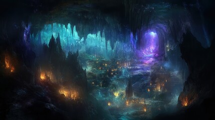Fototapeta premium vast underground cave system, with a large chamber illuminated by torches, revealing the intricate layers of mineral deposits on the walls,