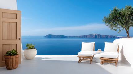 Obraz premium serene view of caldera from cliffside terrace with chairs