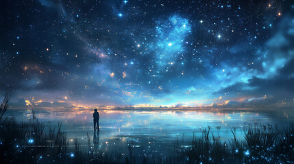 満天の星空と水面に映る幻想的な夜景｜宇宙、夜景、星空の美しい風景