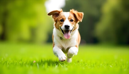 A joyful pet dog frolicking on a lush green grass lawn, captured in a full-length portrait on a sunny summer day