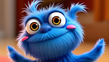 Fototapeta premium A lovable 3D cartoon character of a blue furry monster featuring big, expressive eyes and a warm, friendly smile.