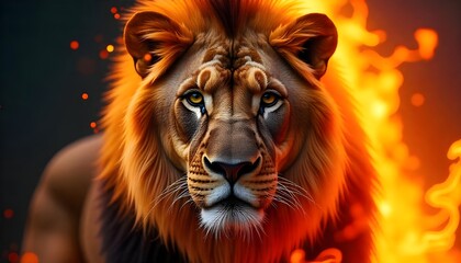 Fototapeta premium A portrait of a lion with flames emerging from its mane, giving it a fierce and fiery look