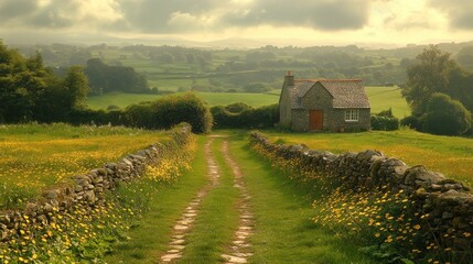 Picturesque Irish Countryside with Rolling Green Hills and Cottages