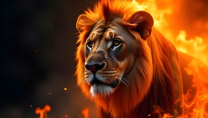 Fototapeta premium A portrait of a lion with flames emerging from its mane, giving it a fierce and fiery look
