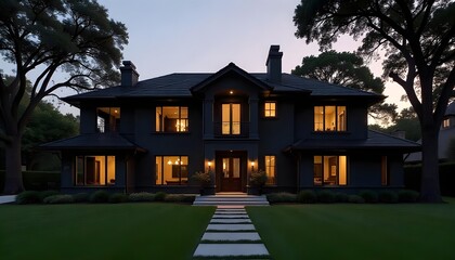 Elegant Black Mansion at Twilight, Highland Park, Texas