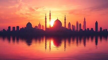 Obraz premium Cityscape Silhouette at Sunset Over Water