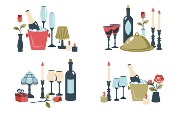 Romantic date. Set of dinner time with restaurant icons. Dinner event. Romantic Dinner setting. Serving tray, wine, champagne, glasses, candles. Valentine and  wedding concept. Vector