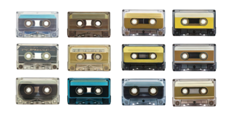 Vintage Cassette Tapes Collection Displayed in Rows,PNG set collection, isolated on transparent background