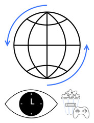 Globe with rotation arrows, clock within an eye, popcorn, and game controller. Ideal for digital media, entertainment, time management, global access, streaming gaming abstract line flat metaphor