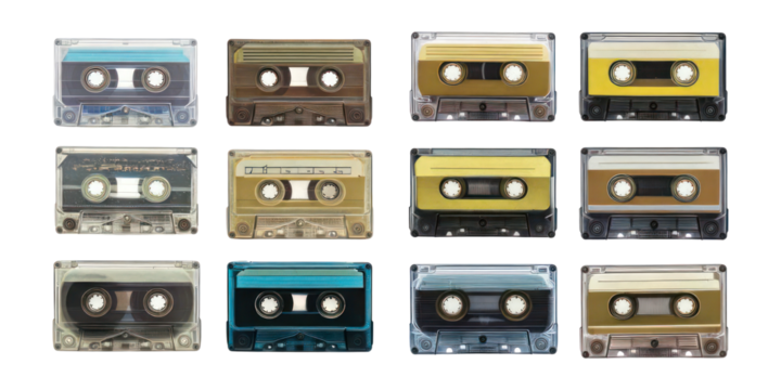 Vintage Cassette Tapes Collection Displayed in Rows,PNG set collection, isolated on transparent background