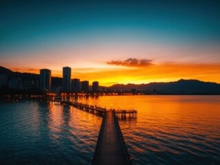 Obraz premium Serene Twilight in Lakeside City - Tranquil Urban Scene with Orange to Deep Blue Skies Reflecting on Water