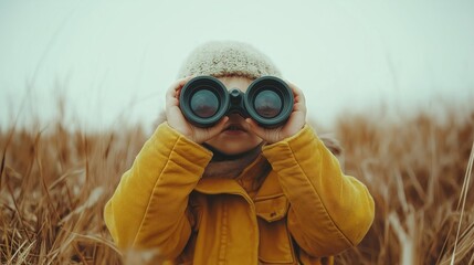Child explores nature with binoculars in a field during a cloudy day.