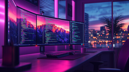 Fototapeta premium A brightly lit, multi-monitor computer setup shows code on a desk overlooking a city