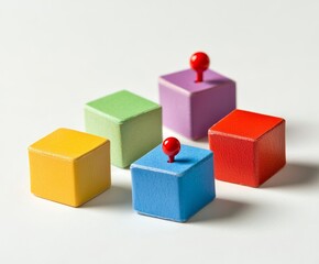 Fototapeta premium Colorful blocks with red pins; concept of leadership, teamwork, or difference.