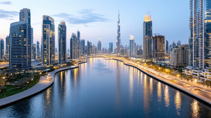 Obraz premium Aerial view of Dubai skyline at dusk, showcasing illuminated buildings and water