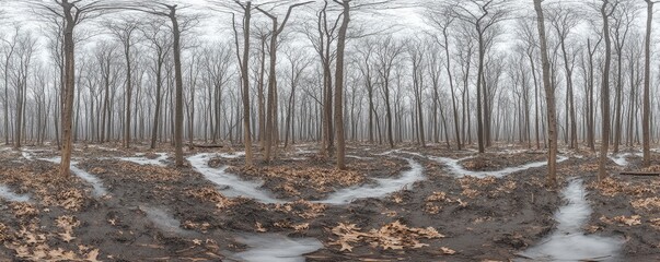 Obraz premium Foggy winter forest, icy streams, leaf-covered ground, VR panorama