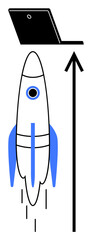 Rocket with blue accents large upward black arrow open laptop. Ideal for themes innovation, technology, progress, growth, business, startups, digital transformation. Line metaphor