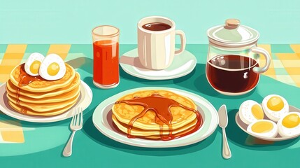 classic breakfast table with pancakes, syrup, scrambled eggs, and freshly brewed coffee on a sunny morning