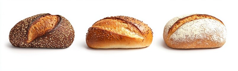 Three loaves of artisan bread multigrain, sesame, and sourdough.