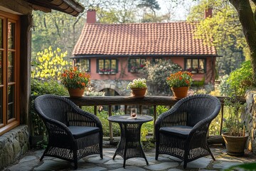 Obraz premium Garden terrace with black rattan chairs and table on stone floor, wooden fence, flower pots, and blurred red-roofed house in the background, springtime.