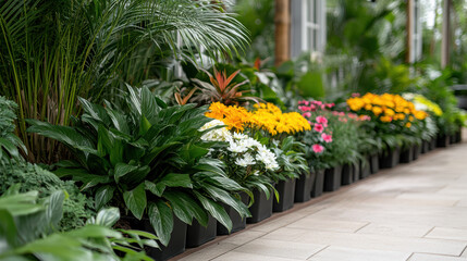 Colorful flowers blooming in tropical garden with lush greenery