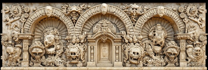 Intricate stone carving, architectural detail, ornate facade, historical building, cultural heritage