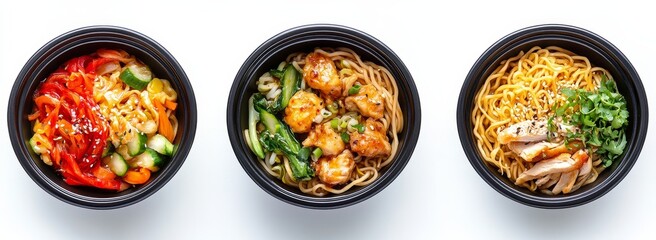 Three Asian noodle bowls with assorted vegetables, chicken, and sauces in black takeout containers.