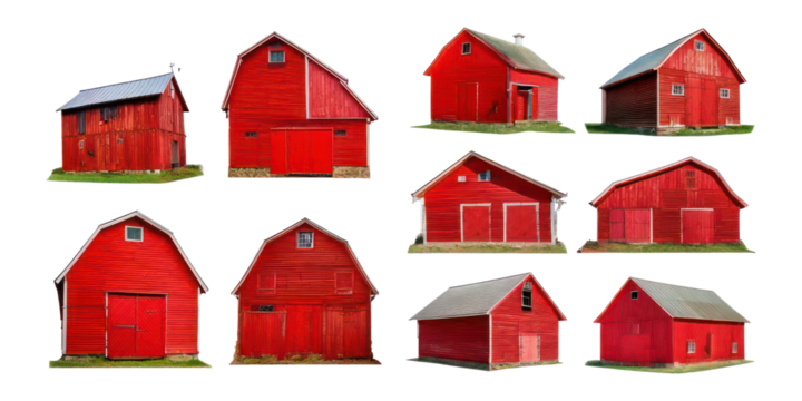 Collection of Charming Red Farm Barns,PNG set collection, isolated on transparent background