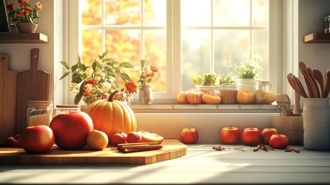 Autumnal kitchen window scene with pumpkins, apples, and cinnamon.