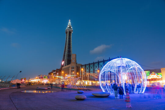 Blackpool promenade with tourist decorations and Tower 