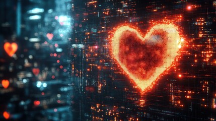 Obraz premium Digital Heart: A Glowing Symbol of Virtual Love in a Cyberspace Matrix