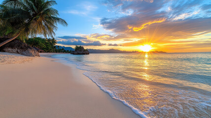 Colorful sunset over tranquil beach with palm trees and gentle waves
