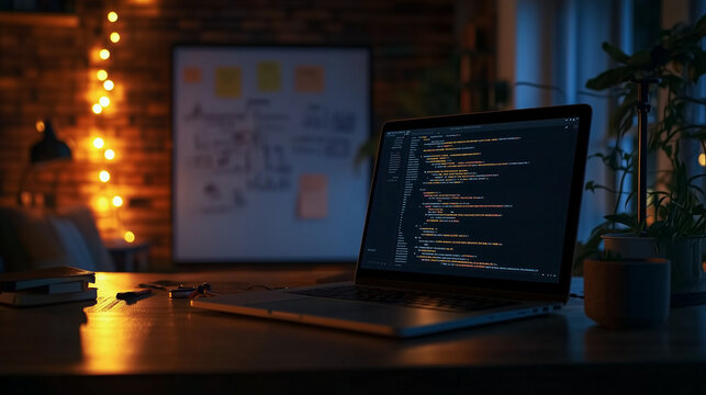 A laptop displaying code is shown on a desk, with a whiteboard and lights in the background. This image might suggest a workspace, and its keywords include: office, computer, and laptop.