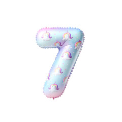 A colorful, inflatable number seven featuring a whimsical unicorn pattern.