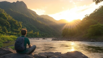 Backpacker Contemplates Scenic River Sunset View