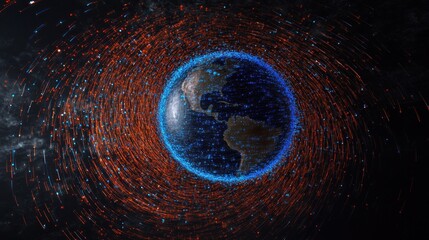 Digital Earth: A mesmerizing visualization of our planet enveloped in a swirling vortex of data streams, symbolizing the interconnectedness of global information and technology.
