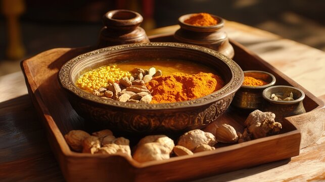 warm and inviting scene featuring a bowl of curry with various spices like turmeric, cardamom, and cumin placed on a wooden tray