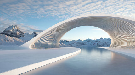 Futuristic landscape with sleek arch structure and serene water