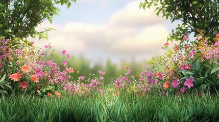 Obraz premium Vibrant Flower Garden with Lush Green Grass Under Soft Clouds