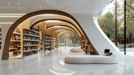 Futuristic library with sleek design and AI assisted research tools