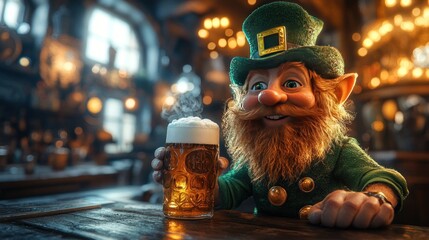 Whimsical Leprechaun Dancing Cheerfully at a Cozy Tavern