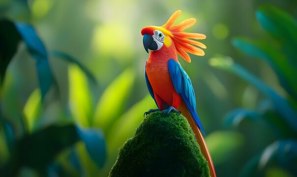 Radiant Bird of Paradise in Full Display, showcasing vibrant plumage and intricate feather patterns amidst lush tropical foliage.