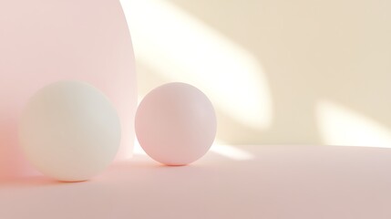 Two pastel spheres rest on a soft pink surface